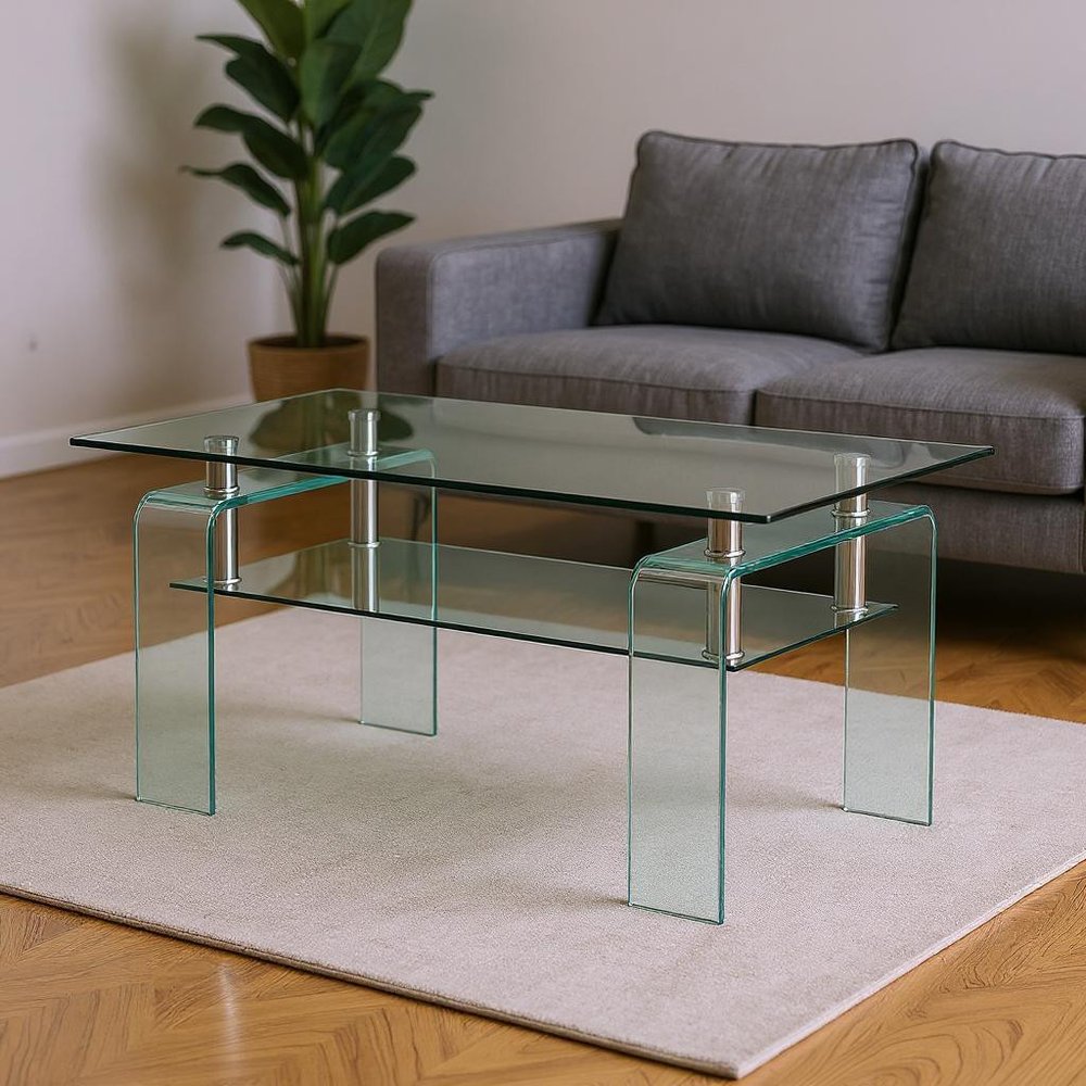 39" Clear Glass Coffee Table With Shelf HomeRoots