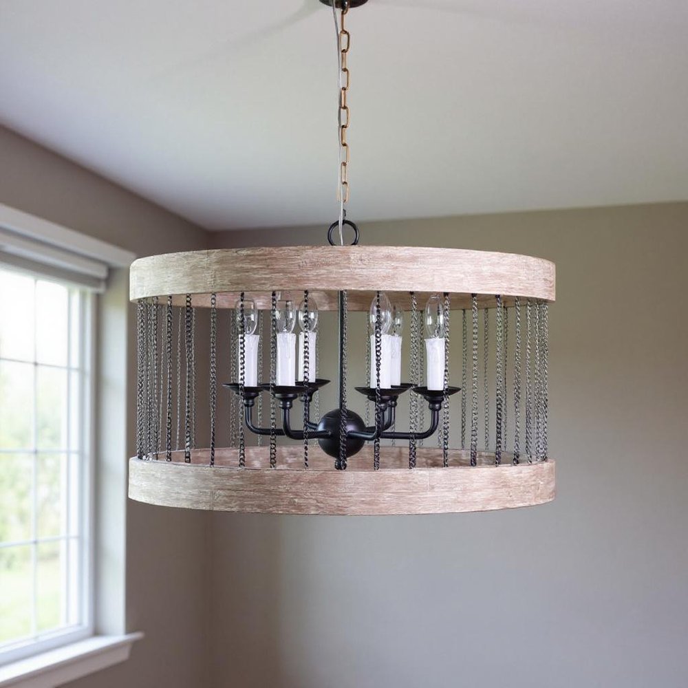 Black And Natural Wood and Metal Cylinder Six Light Dimmable Chandelier HomeRoots