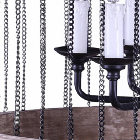 Black And Natural Wood and Metal Cylinder Six Light Dimmable Chandelier HomeRoots