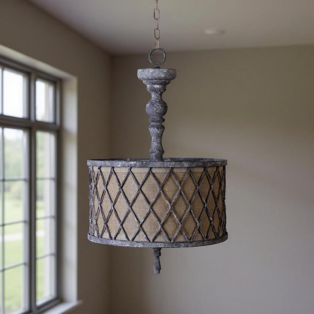 Gray Drum Distressed Galvanized Metal Dimmable Chandelier With Natural Shade HomeRoots