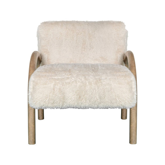 30" Off White and Natural Faux Fur And Wood Arm Chair HomeRoots