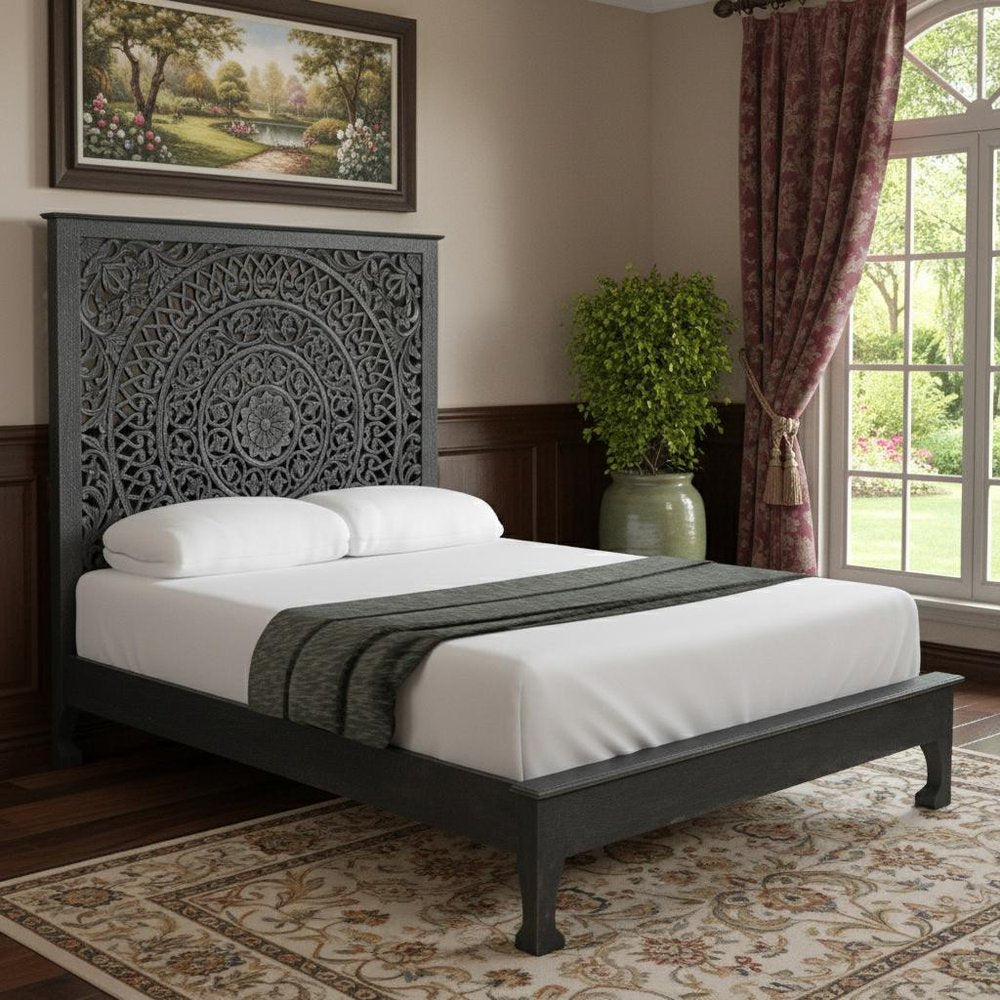 Black Carved Floral Distressed Solid Wood Queen Bed Frame HomeRoots