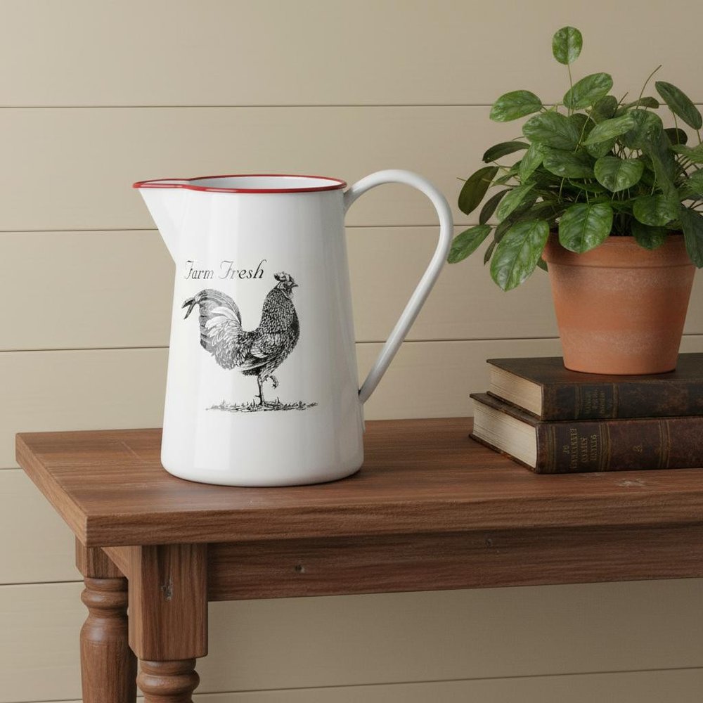 8" Black And White Metal Farm Fresh Chicken Decorative Jug HomeRoots