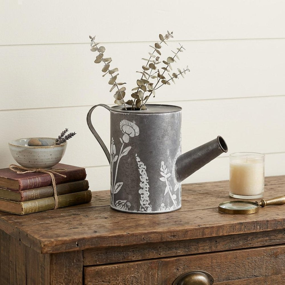 8" Gray And White Galvanized Metal Flowers Hand Painted Decorative Watering Can HomeRoots