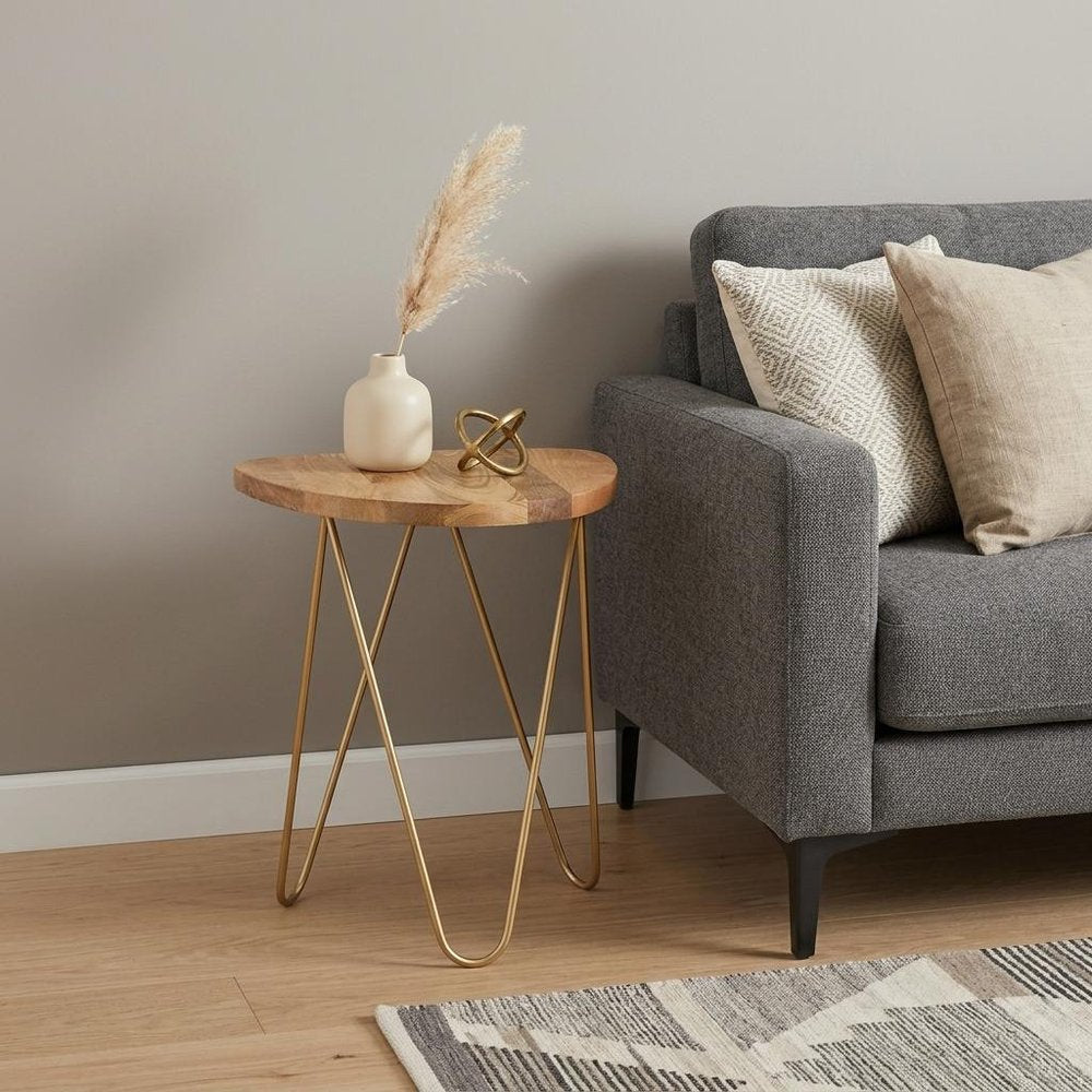 21" Gold Solid Wood and Iron Round End Table HomeRoots