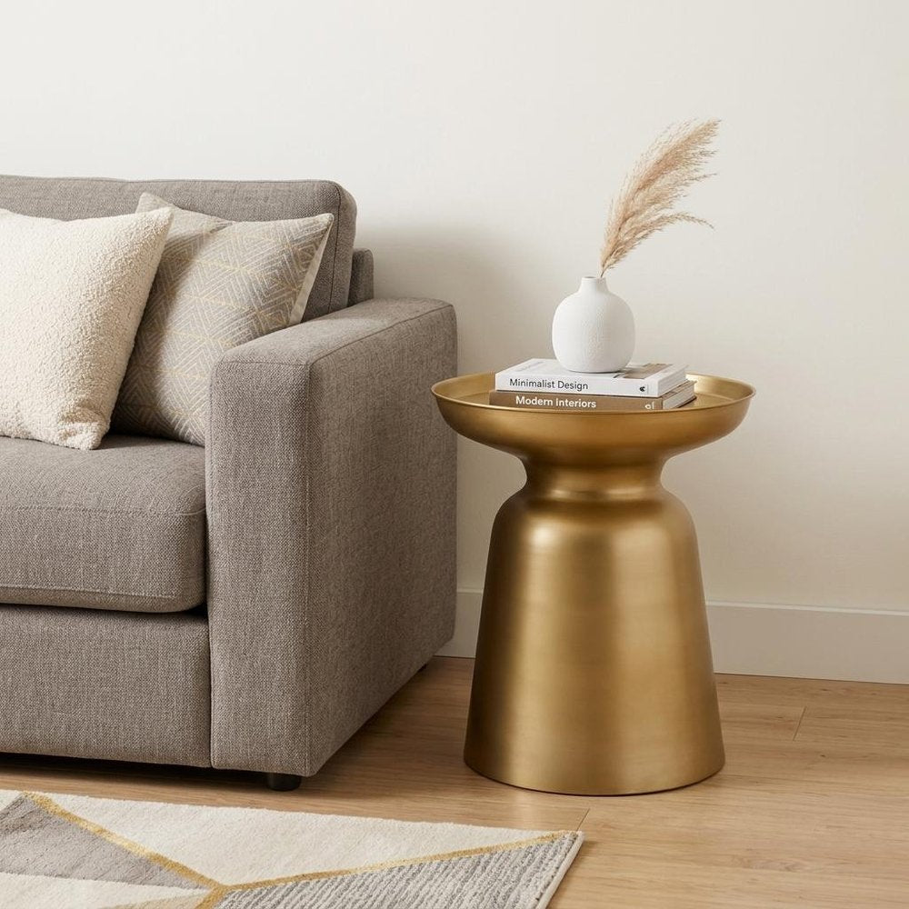 18" Powder Coated Gold Iron Round Pedestal End Table HomeRoots