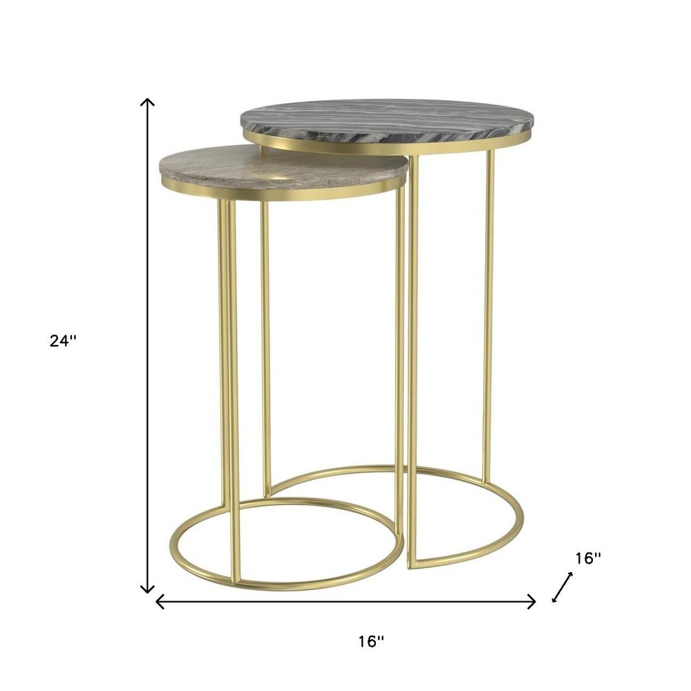 Set of Two Glossy Gray Stone and Gold Marble and Iron Round Nested Tables HomeRoots
