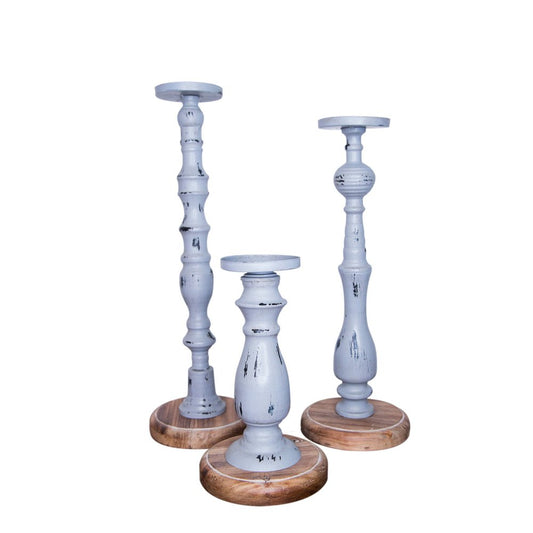 Set of Three Gray Distressed Wood Tabletop Pillar Candle Holders HomeRoots