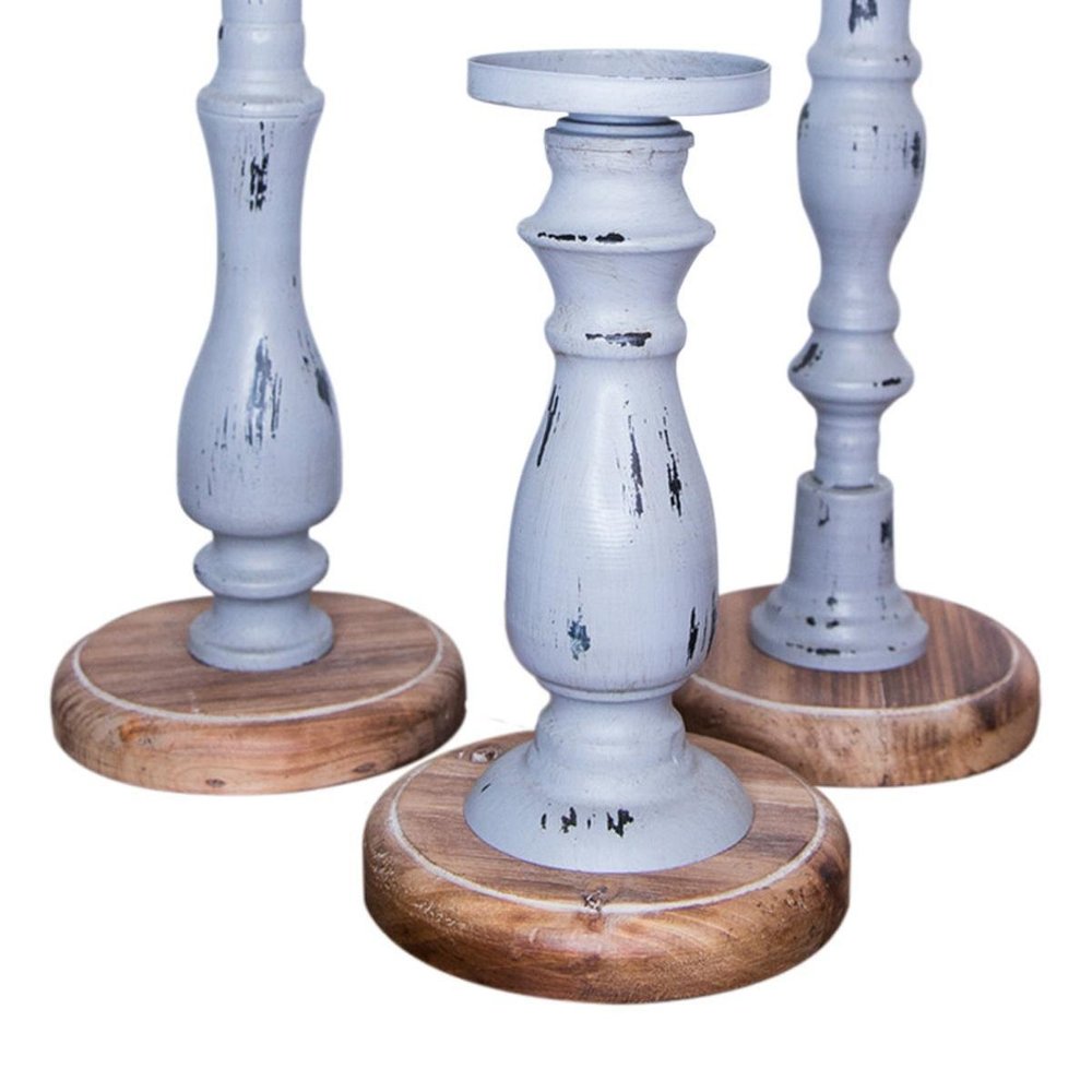 Set of Three Gray Distressed Wood Tabletop Pillar Candle Holders HomeRoots