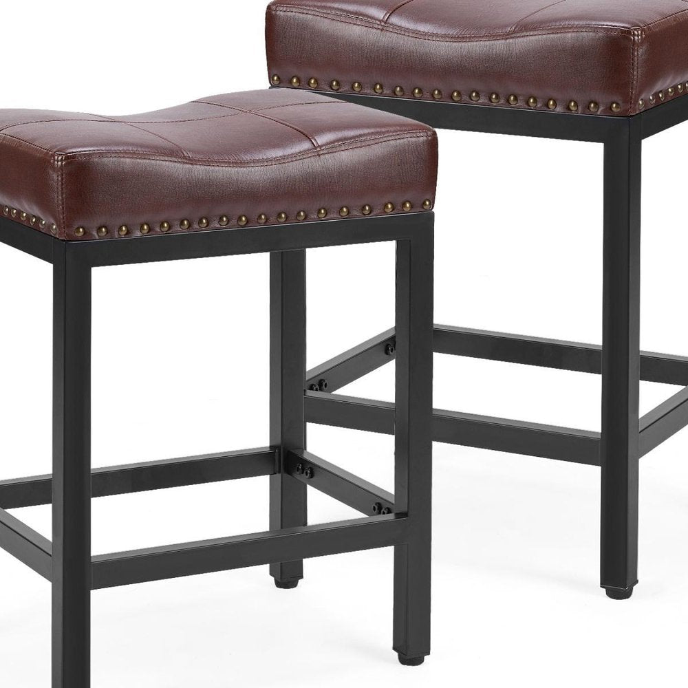 Set of Two 22" Brown And Black Faux Leather And Steel Backless Bar Chairs HomeRoots