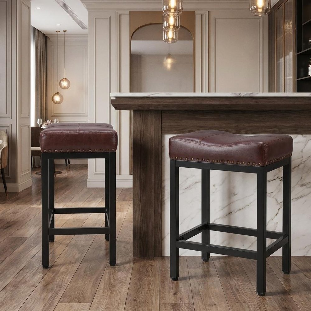 Set of Two 22" Brown And Black Faux Leather And Steel Backless Bar Chairs HomeRoots
