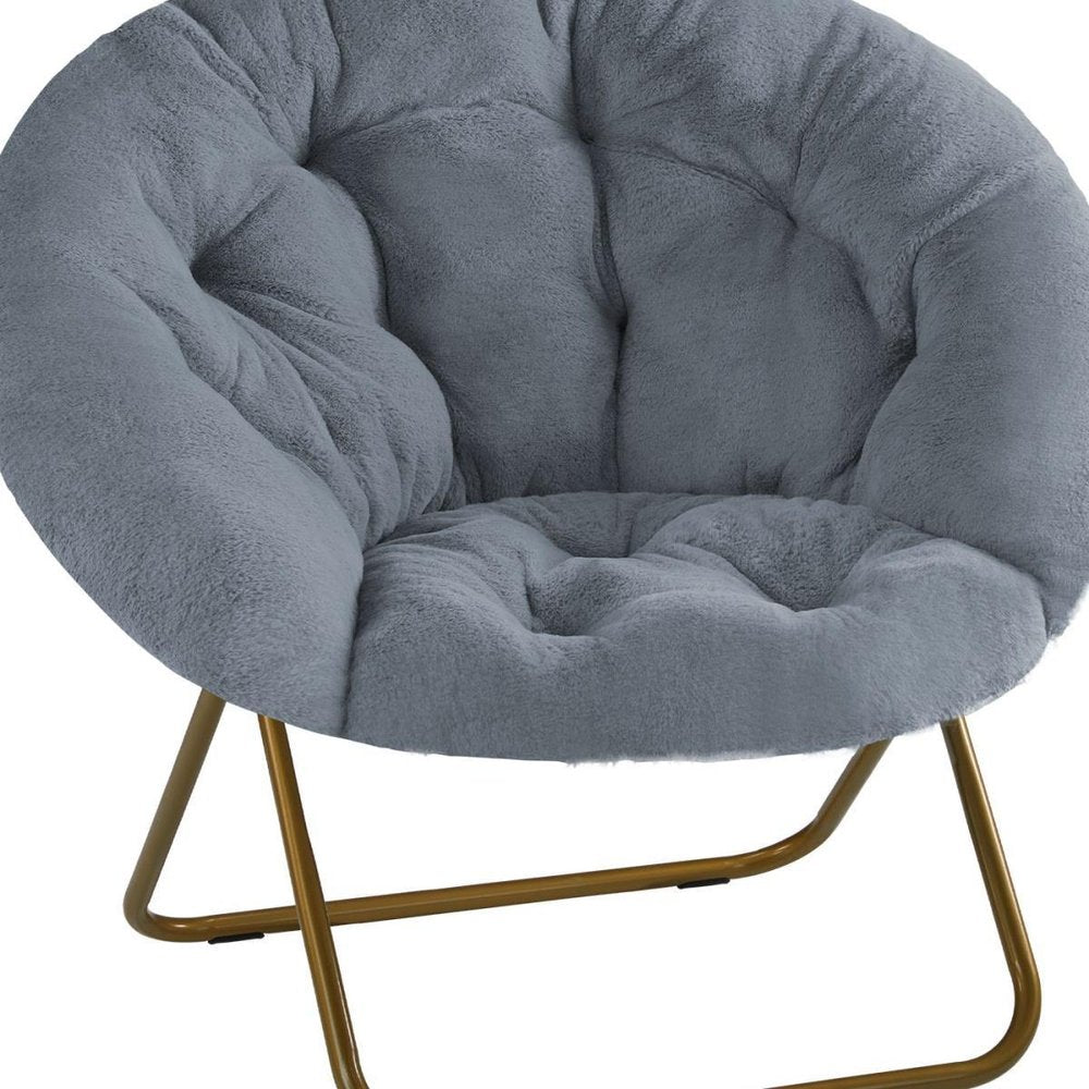 26" Gray and Bronze Tufted Faux Fur and Metal Folding Lounge Chair HomeRoots