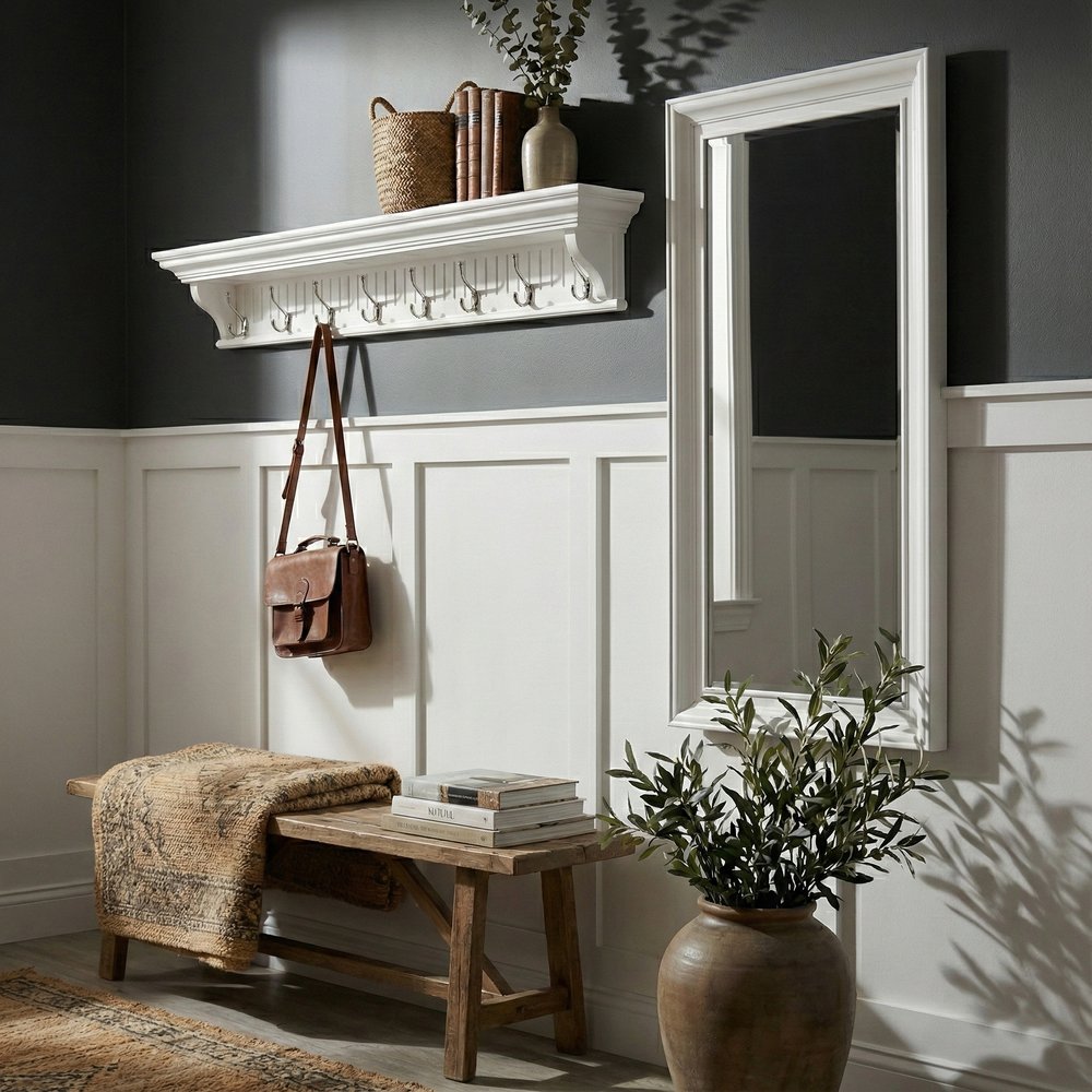 51" White Solid Wood Eight Hook Wall Mount Coat Rack HomeRoots