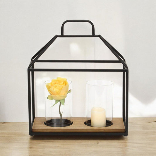 15" Black Metal Glass And Wood Geometric Two Light Hurricane Candle Holder