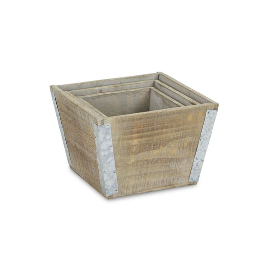 Set of Three Natural And Silver Metal And Wood 217 Ounce Square Distressed Planter Boxes
