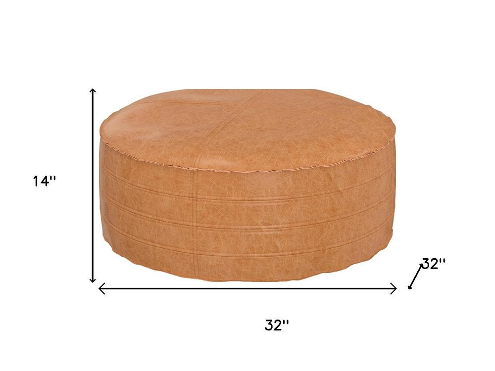 32" Brown Faux Leather Round Pouf Ottoman HomeRoots