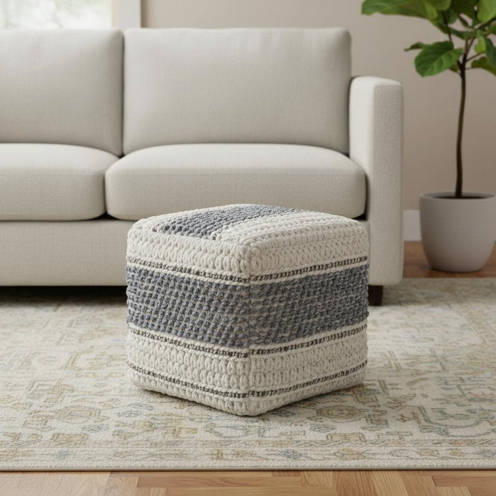 18" Blue Brown and Off White Cotton and Wool Striped Pouf Ottoman HomeRoots