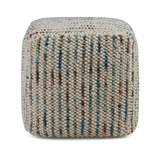 18" Blue and Cream Cotton and Wool Cube Pouf Ottoman