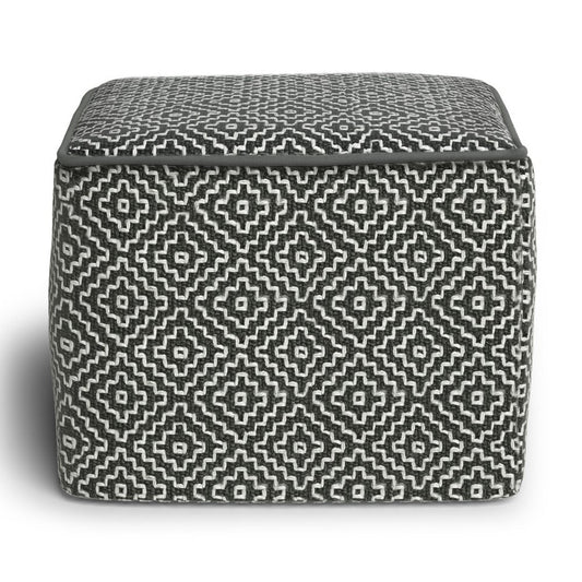 18" Gray And White Polyester Geometric Outdoor Pouf Ottoman HomeRoots