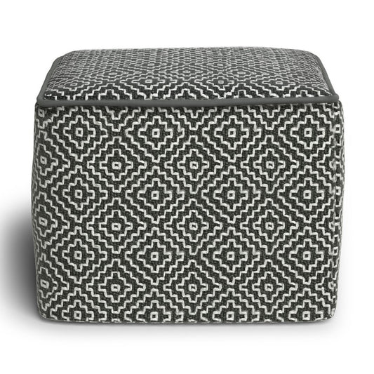 18" Gray And White Polyester Geometric Outdoor Pouf Ottoman