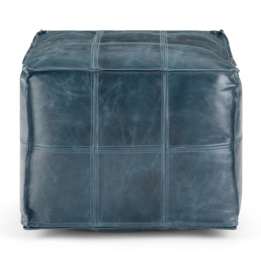 18" Teal Blue Genuine Leather Pouf Ottoman