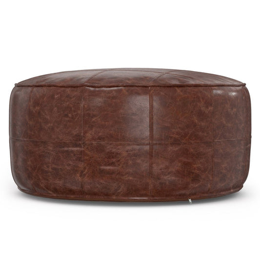34" Brown Genuine Leather Round Pouf Ottoman