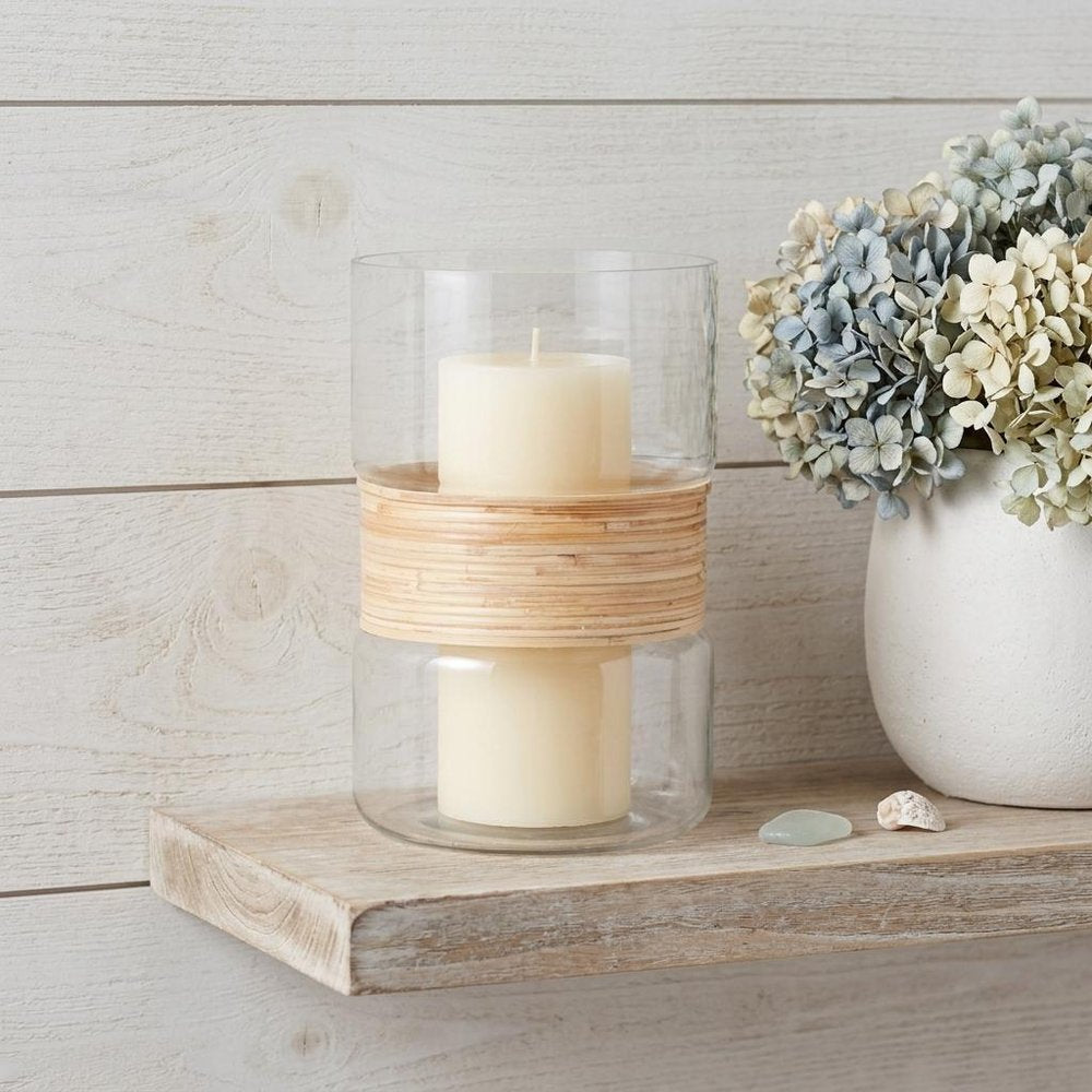 Set of Two Clear And Beige Abstract Glass Tabletop Pillar Candle Holders HomeRoots
