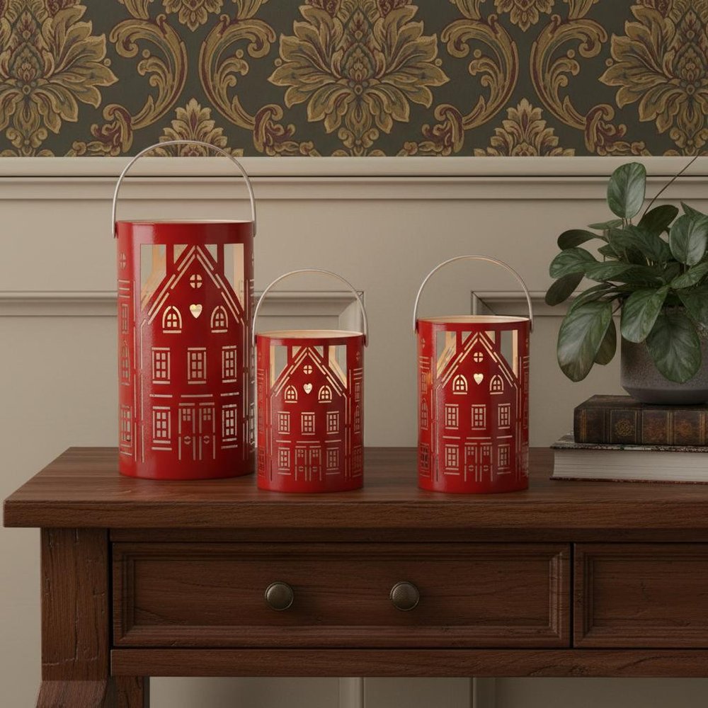 Set of Three Red And White Abstract Iron Tabletop Pillar Candle Holders HomeRoots
