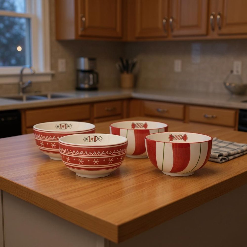 Set of Four 6" Red And White Ceramic Christmas Round Candy or Nut Bowls HomeRoots