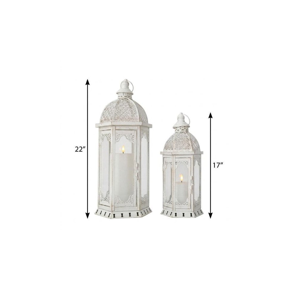 Set of Two White Distressed Ornate Metal Tabletop Lantern Candle Holders HomeRoots