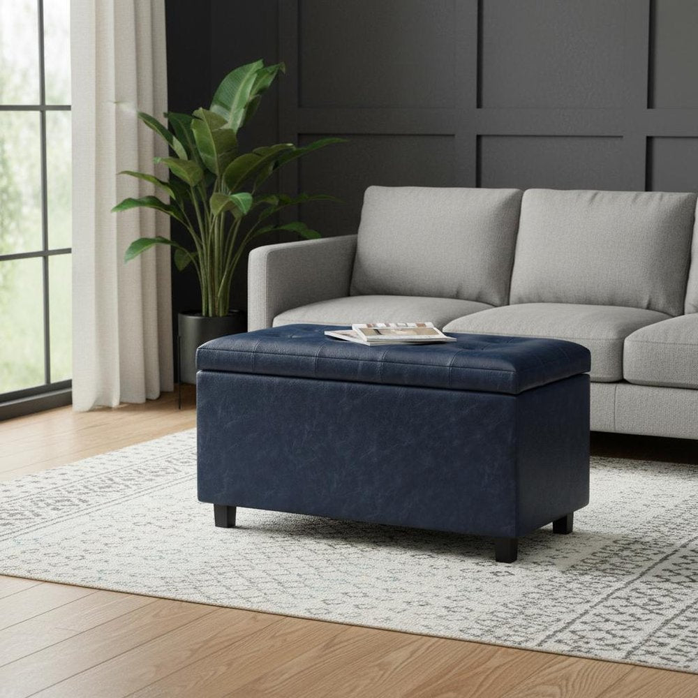 34" Denim Blue And Dark Brown Ottoman With Storage HomeRoots