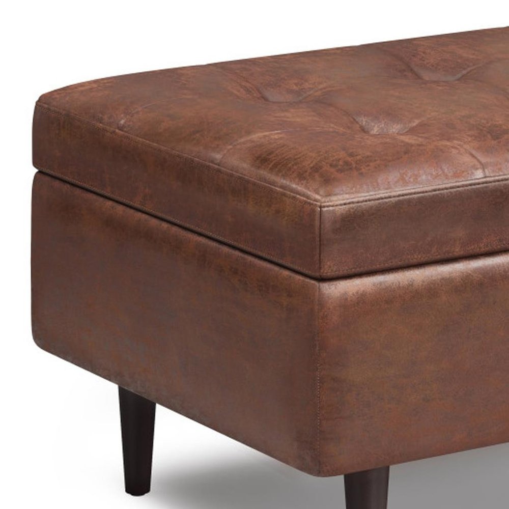 34" Chestnut And Brown Faux Leather Tufted Ottoman With Storage HomeRoots