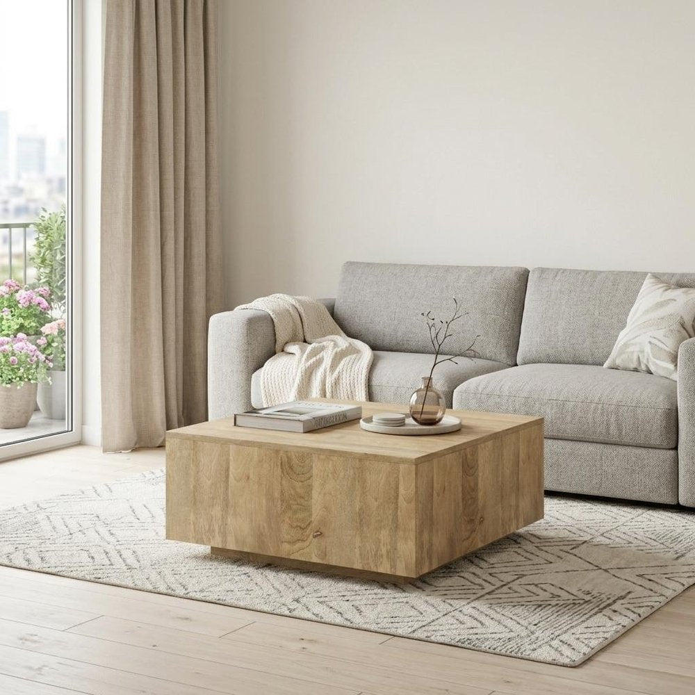 30" Natural Solid Wood Square Solid Coffee Table
