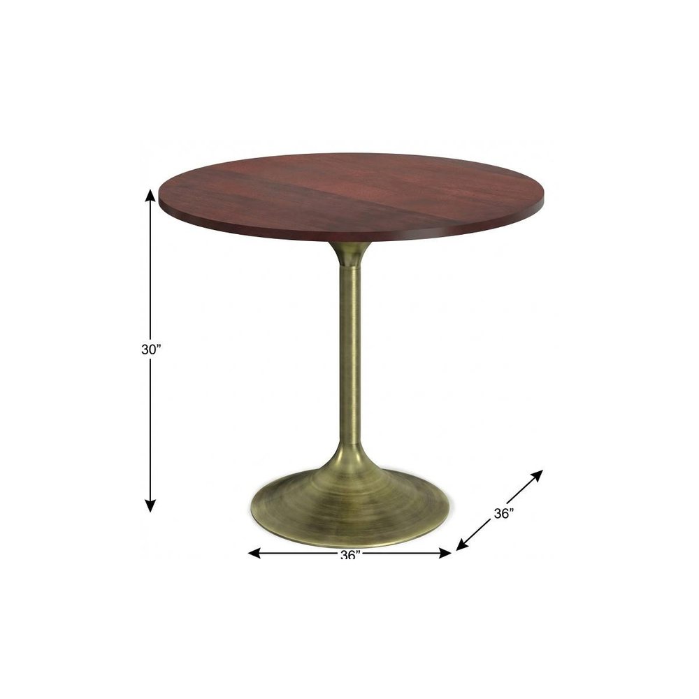 36" Walnut And Antiqued Brass Solid Wood And Iron Pedestal Base Round Top Dining Table HomeRoots