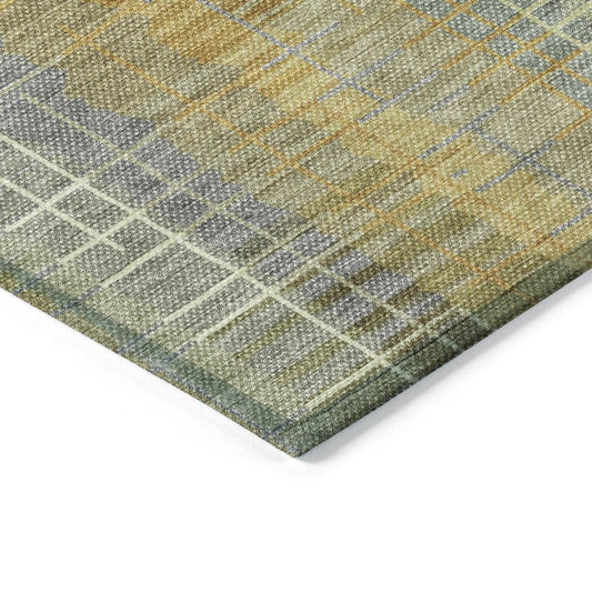 8' X 10' Artichoke Green And Gold Striped Washable Indoor Outdoor Area Rug