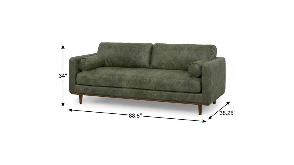 89" Moss Green Leather Sofa With Brown Legs HomeRoots