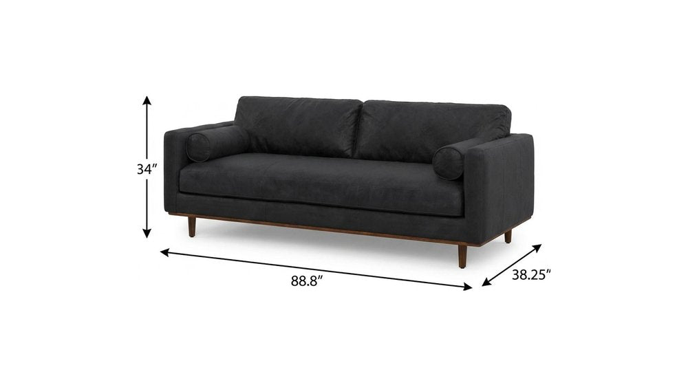 89" Black Leather Sofa With Brown Legs HomeRoots