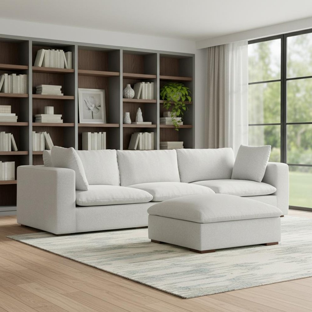 125" Gray Fabric Sofa With Ottoman With Brown Legs HomeRoots