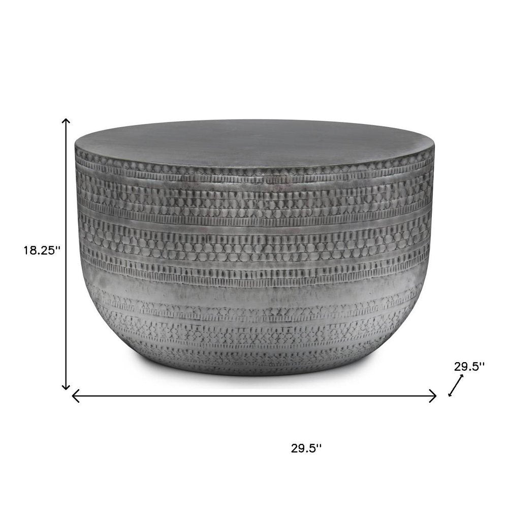 18" Antique Silver Distressed Iron Round Drum End Table HomeRoots