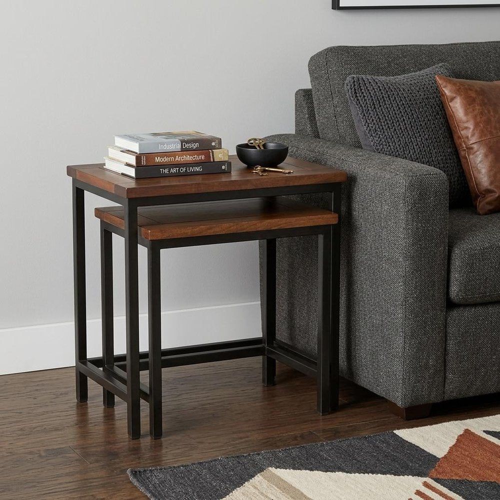 Set of Two Brown Solid Wood and Iron Nested Tables HomeRoots