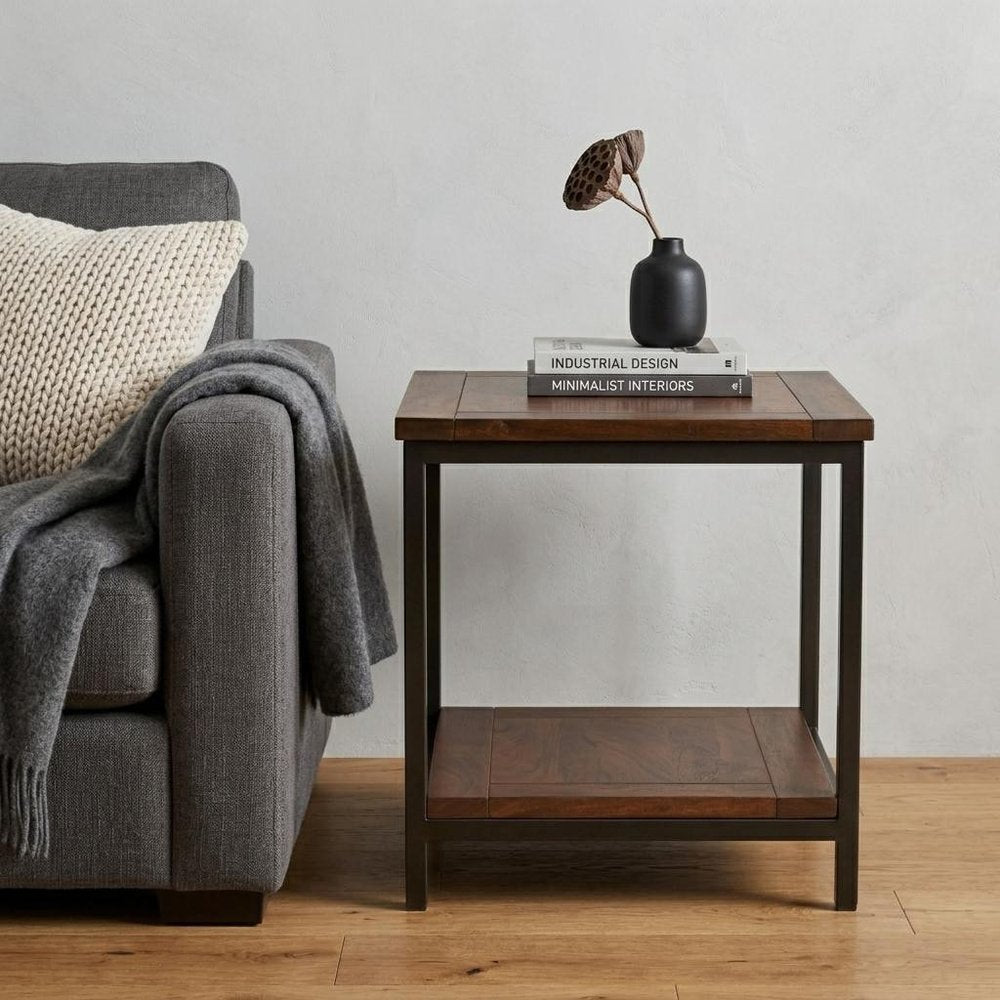 22" Brown Solid Wood and Iron Square End Table With Shelf HomeRoots