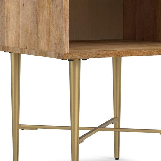 22" Natural and Gold Solid Wood and Iron Square End Table With Shelf