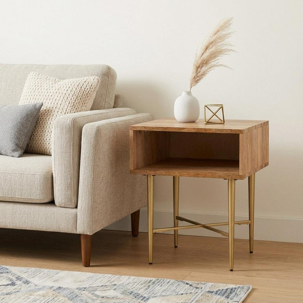 22" Natural and Gold Solid Wood and Iron Square End Table With Shelf HomeRoots