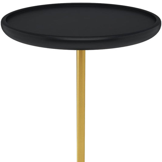 23" Black Gold and White Solid Wood Iron and Marble Round Pedestal End Table