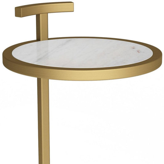 24" White and Gold Marble and Iron Round End Table