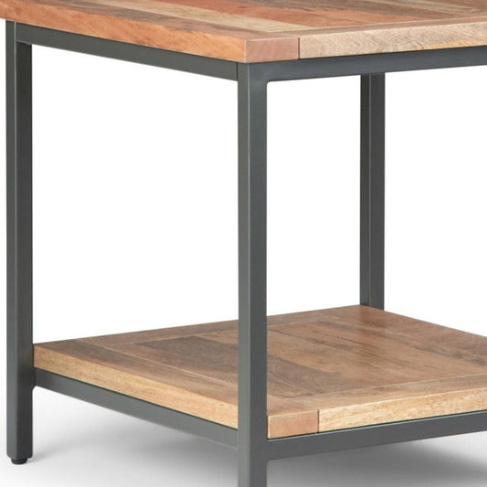 22" Natural And Charcoal Solid Wood And Steel Square End Table With Shelf