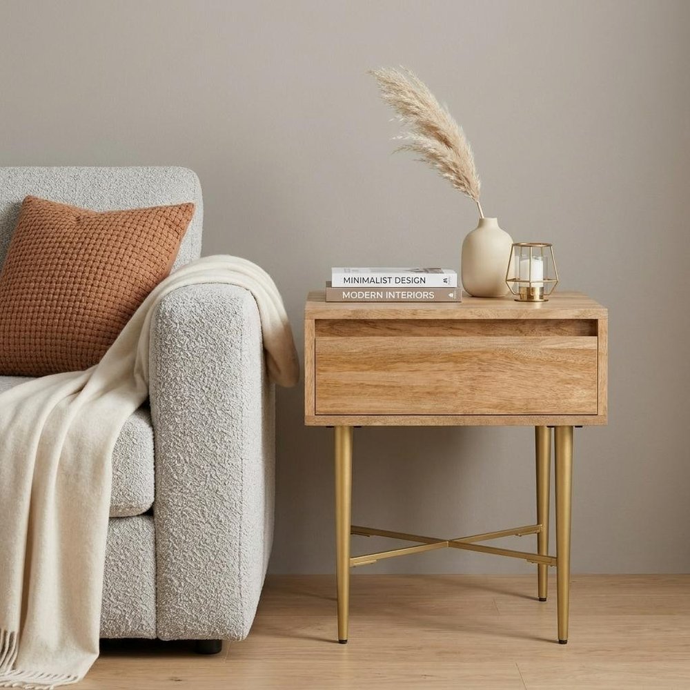 22" Natural and Gold Solid Wood and Iron Square End Table With Drawer HomeRoots