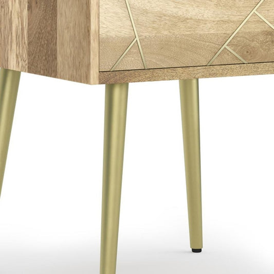 22" Gold and Natural Solid Wood and Iron End Table With Drawer