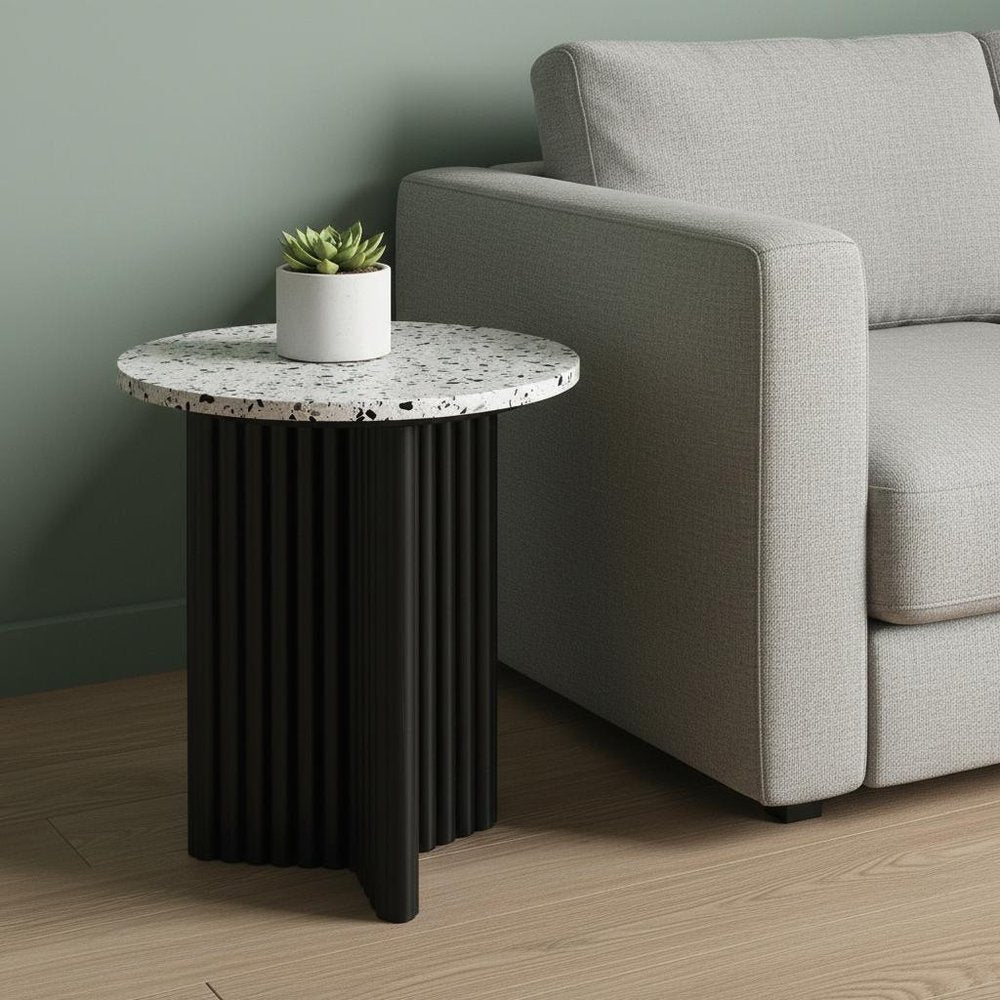 23" White and Black Faux Terrazzo and Wood Round Pedestal End Table HomeRoots