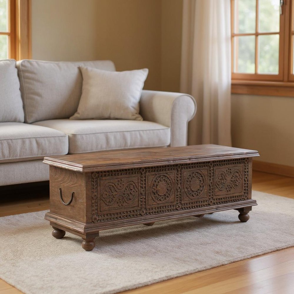 54" Brown Solid Wood Medallion Ottoman With Storage HomeRoots